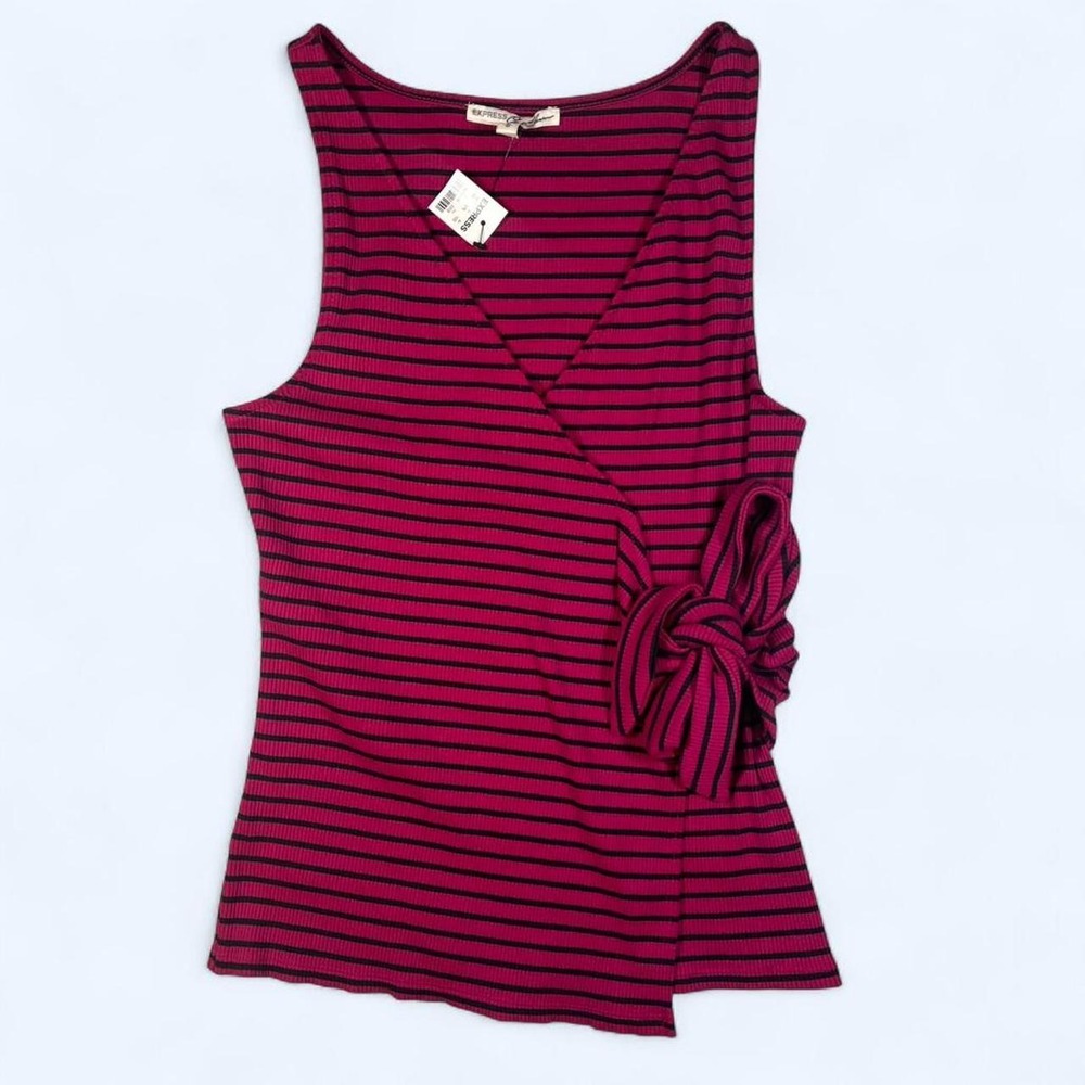 Express Womens Magenta Black Striped Ribbed Wrap Side Tie Tank Top Med NWT - Picture 2 of 8